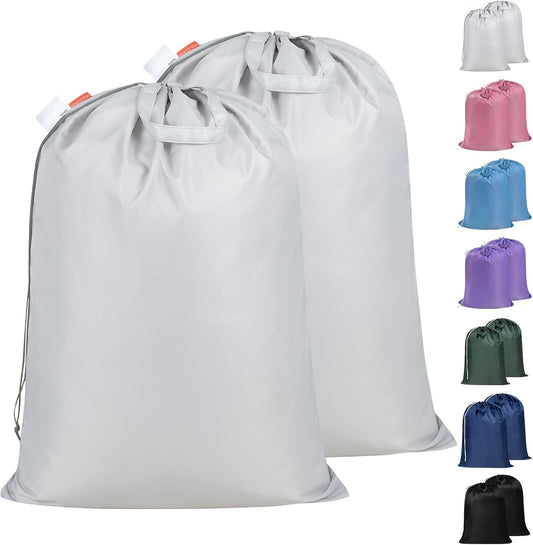 Polecasa Heavy Duty Large Laundry Bag with 130gsm Tear Resistant Fabric and Handles, Easy to Carry Durable Dirty Clothes Drawstring Bag, Perfect for College Dorm, Travel, 2 Pack 28”x36”, Silver