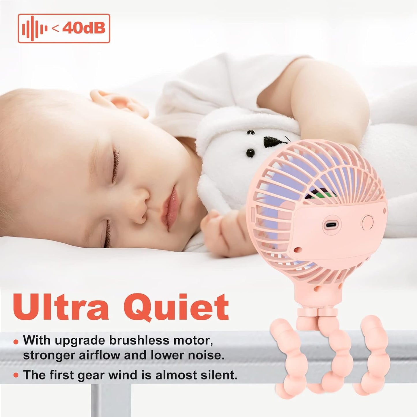 TRELC Mini Handheld Stroller Fan, Personal Portable Baby Rechargeable Fan With Flexible Tripod, Upgraded Version, Gift for Children Office Treadmill Room Car Traveling BBQ Gym (Pink)