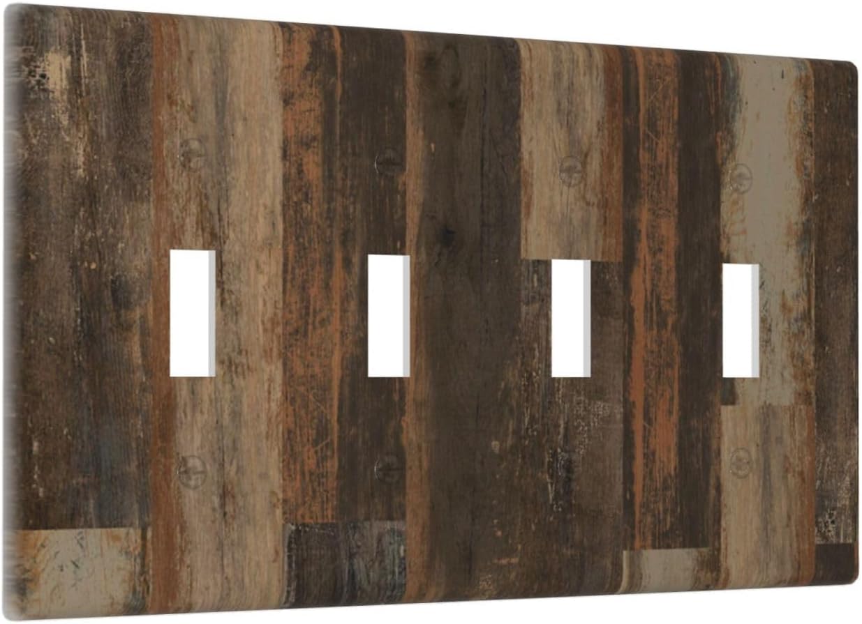 Rustic Brown Wood Grain Dark Oak Light Switch Covers Quad Toggle Electrical Faceplate 4 Gang Wall Plate Decorative Switch Plates for Farmhouse Home Decor