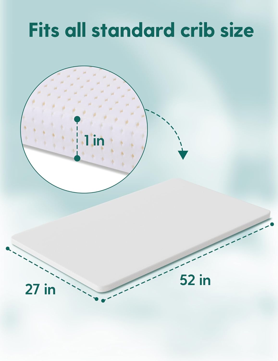 BABELIO Machine Washable Crib Mattress Topper, Soft Breathable Silicone Foam Toddler Mattress Topper Pad with Removable Zipper Cover 52" x 27" x 1"