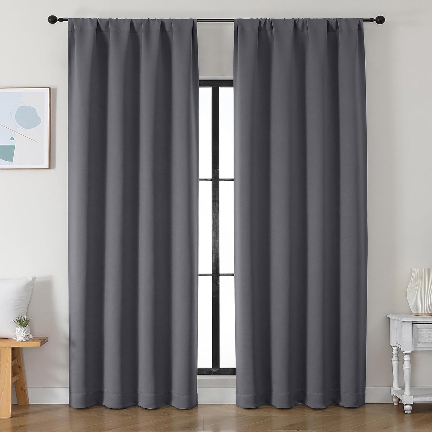 Simplebrand Ava Grey Blackout Curtains for Bedroom 90 Inches Long 2 Panels Set, Solid Privacy Energy Saving Living Room Window Treatment Curtains Blackout Drapes, W50 x L90 Inch, Grey