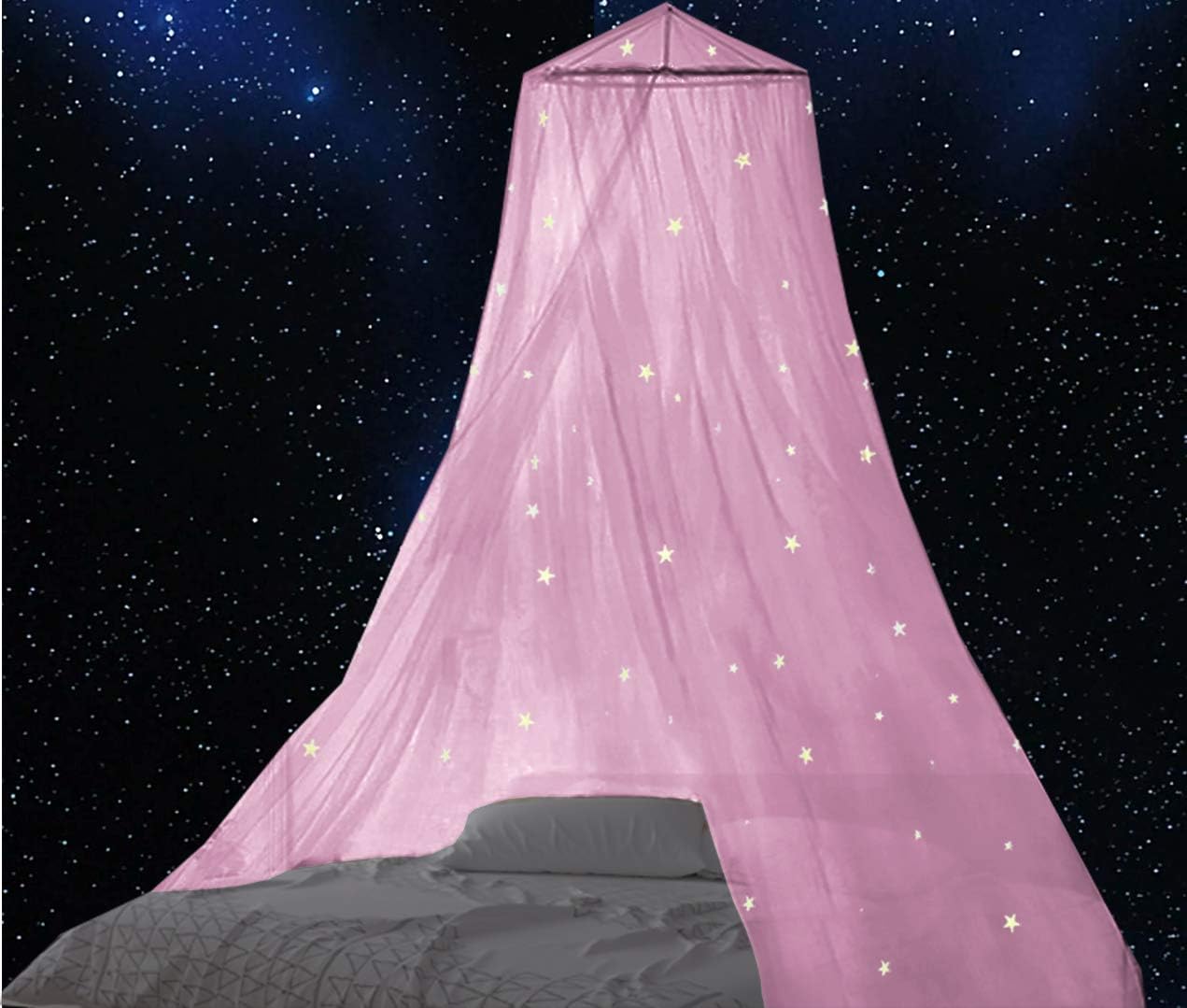 BCBYou Bed Canopy Mosquito Net with Fluorescent Stars Glow in Dark for Baby, Kids, and Adults, for Cover The Baby Crib, Kid Bed, Girls Bed Or Full Size Bed (Pink)