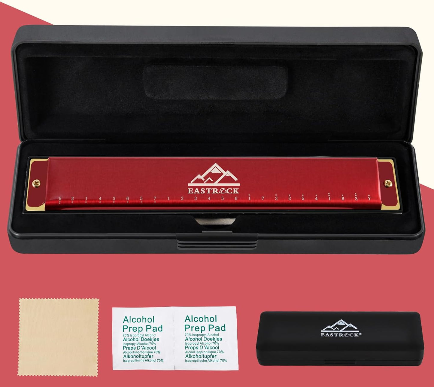 EastRock Blues Harmonica 24 Hole C Key with Case, Mouth Organ Harp, Diatonic Harmonica for Beginner（Red)