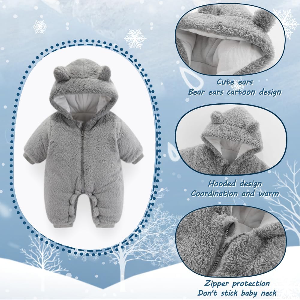 Newborn Baby Bear Outfit Suit Girls Boys Fleece Jumpsuit Romper Hooded Winter Snowsuit Clothes