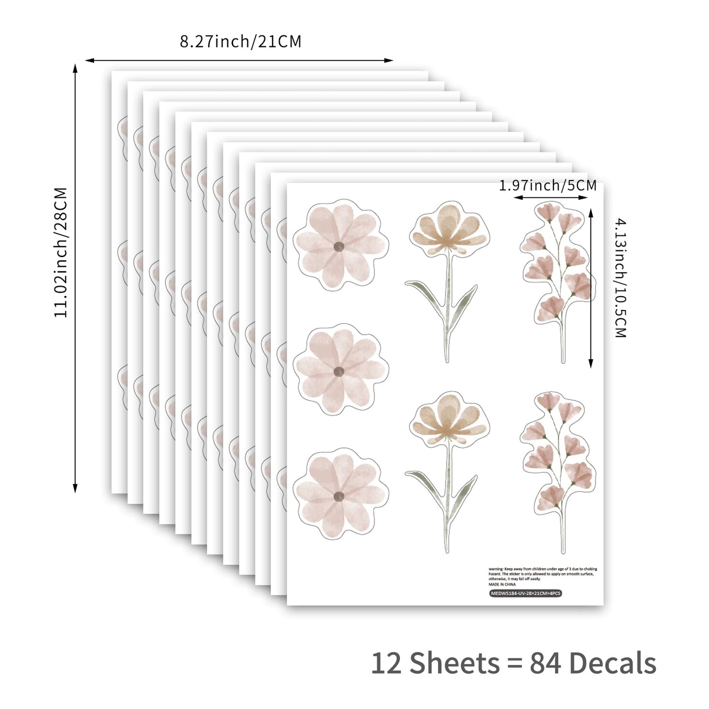 YouRfocus Daisy Wall Decals | 84 PCS Boho Flower Stickers for Girls' Rooms, Playrooms, and Nurseries | Dual Layer Print for High Coverage | Removable Peel and Stick Wall Decor (Pink-B) | 12 Sheets