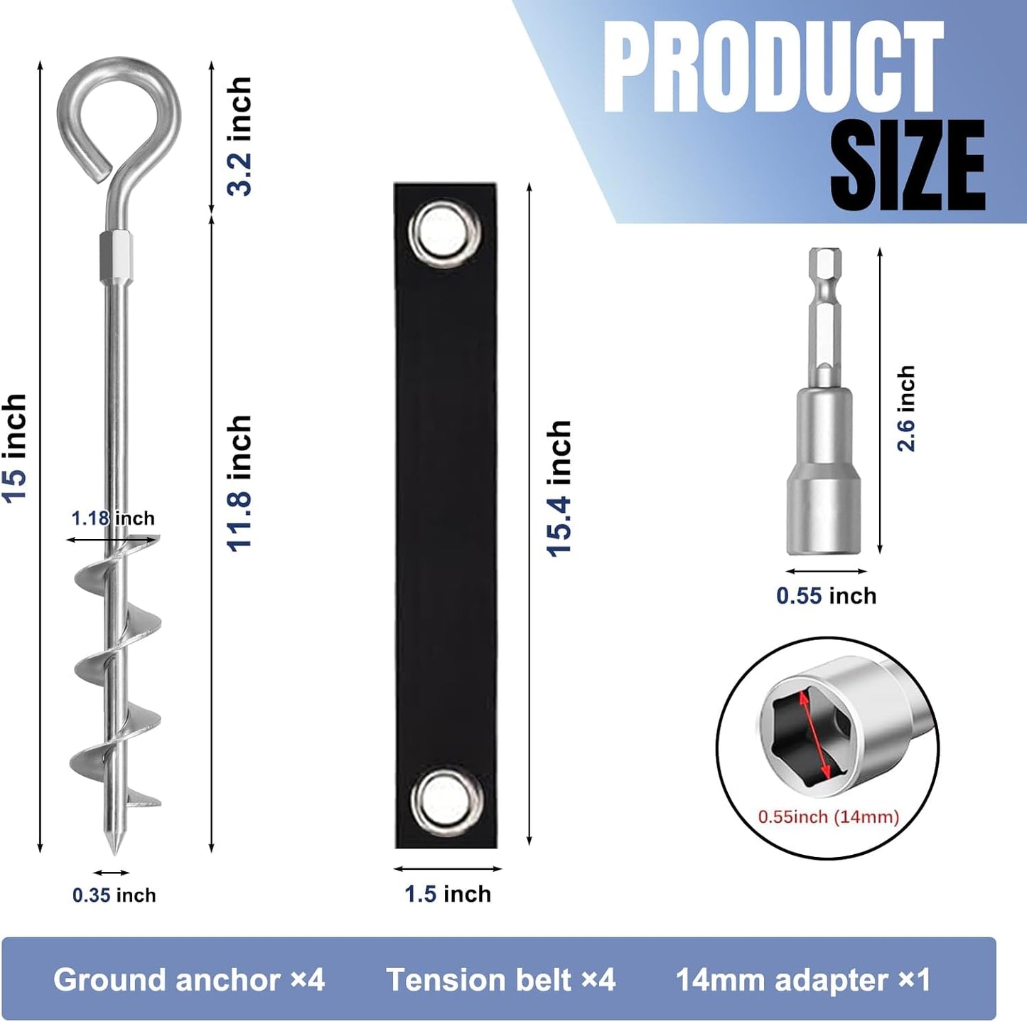 Eurmax USA Trampoline Stakes Screw in Tent Stakes Parts Heavy Duty for Canopies,4-Pack Outdoor Anchor Kit with Straps(Silver)