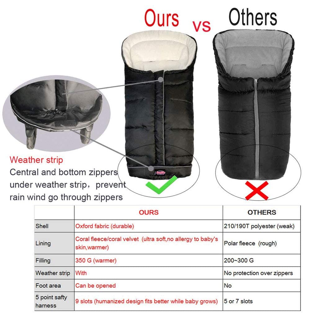 Weather Proof Oudtoor Walking Universal Stroller Bunting Bag with Reflective Strips,Multi-Zippers,Central and Feet Area Opens,Easy for Baby in&Out&Temperature Regulation Footmuff for Stroller,Black