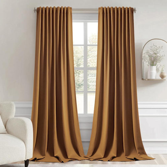 MIULEE Golden Brown Back Tab Blackout Curtains 108 Inch Long 2 Panels Set for Bedroom, Rod Pocket/Pinch Pleat Extra Long Thermal Insulated Living Room Darkening Pleated Light Blocking Drapes