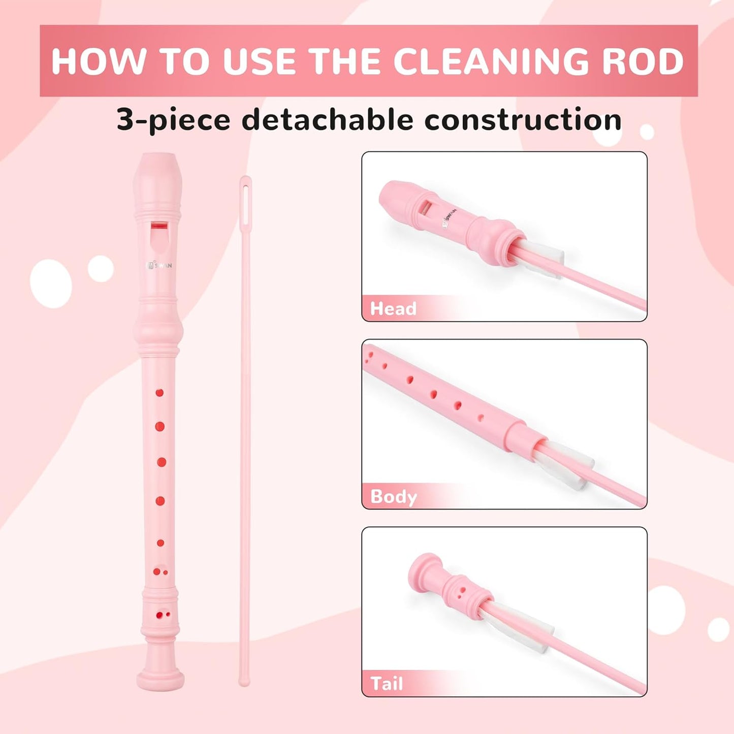 SWAN Soprano Recorder Instrument for Beginners Kids Student - German Fingering 8 Hole Flute Detachable 3pcs ABS Descant Recorders with Cleaning Rod and Fingering Chart, SW8K, Baby Pink