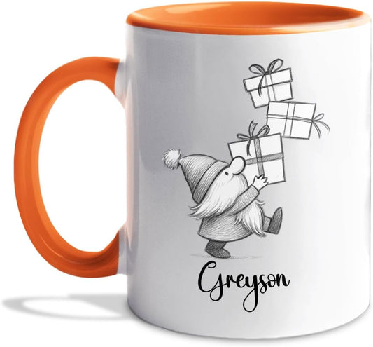 Cute Gnome With Box Accent Mug Cup Gift, Personalized Choose Name Gnome Ceramic Teacup 11 Oz 15 Oz, Unique Coffee Mug Gift For Gnomes Lover Kids Child Birthday, Custom Gnomes White Travel Mugs Gifts