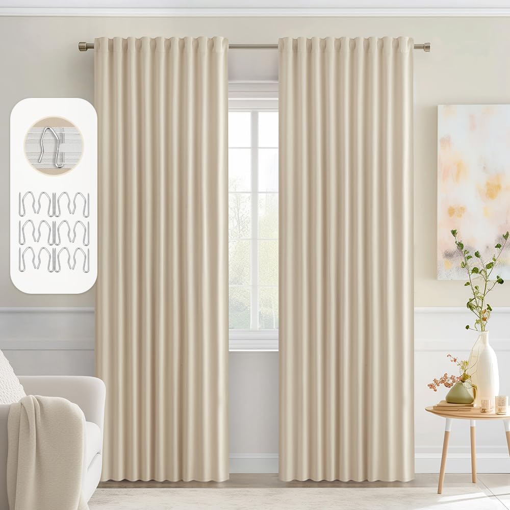MIULEE Back Tab Cream Beige Curtains 84 Inch Length 2 Panels Set for Living Room Bedroom, Ivory Rod Pocket/Pinch Pleated Light Blocking Thermal Insulated Room Darkening Blackout Curtain 84 Inches Long