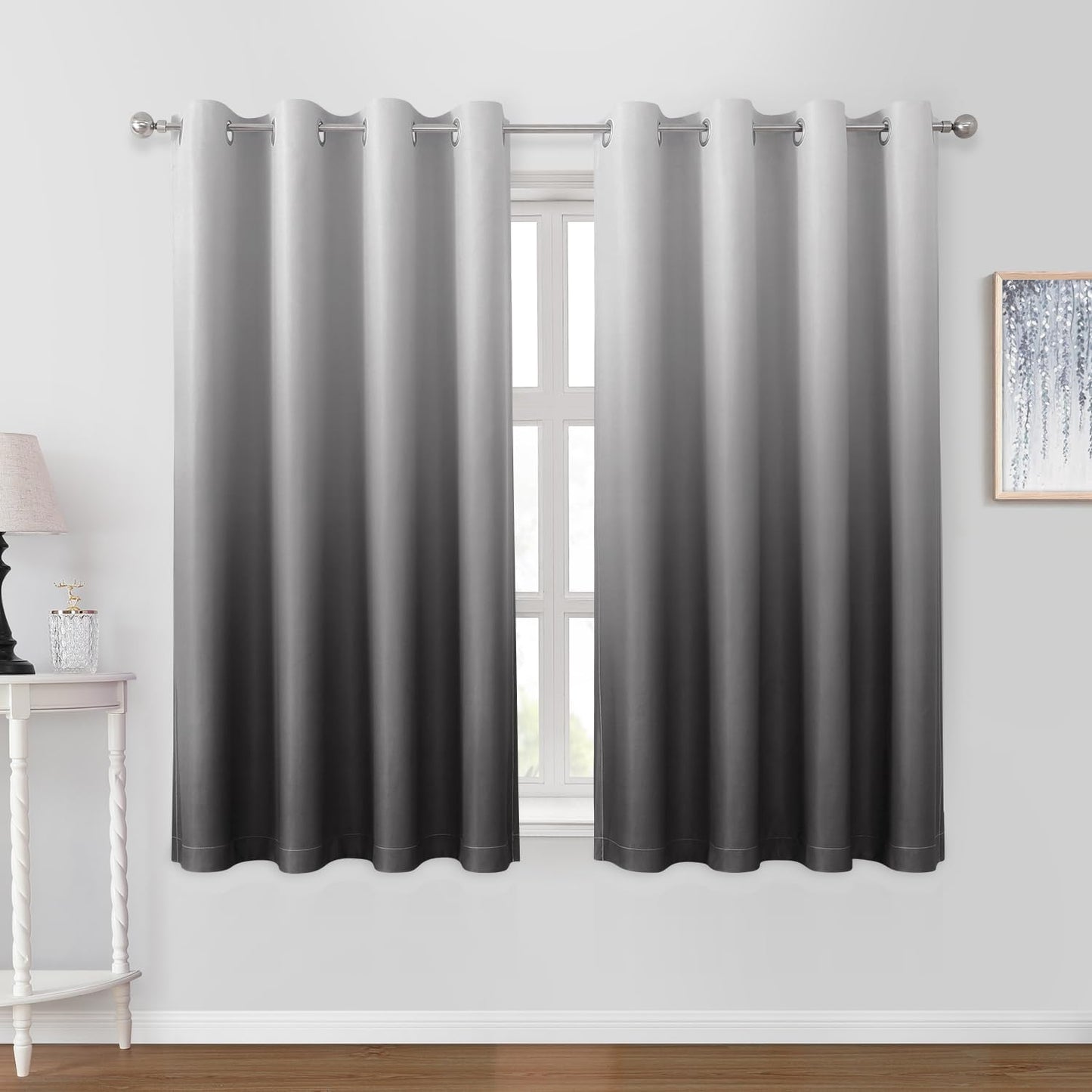 HOMEIDEAS Grey Gray Ombre Blackout Curtains 52 X 63 Inch Length Gradient Room Darkening Thermal Insulated Energy Saving Grommet 2 Panels Window Drapes for Living Room, Bedroom