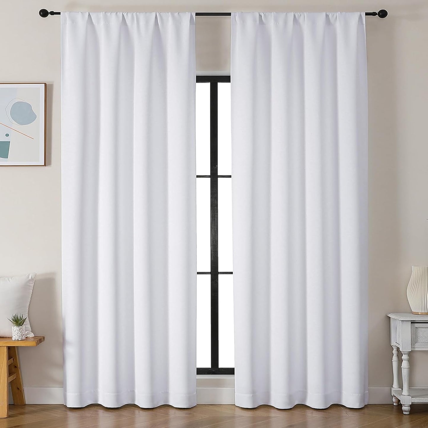 Simplebrand Ava Pure White Curtains for Bedroom 90 Inches Long 2 Panels Set, Light Filtering Window Treatment, Room Darkening Curtain, Soft Casual Rod Pocket Privacy Drapes, W50 x L90 Inch