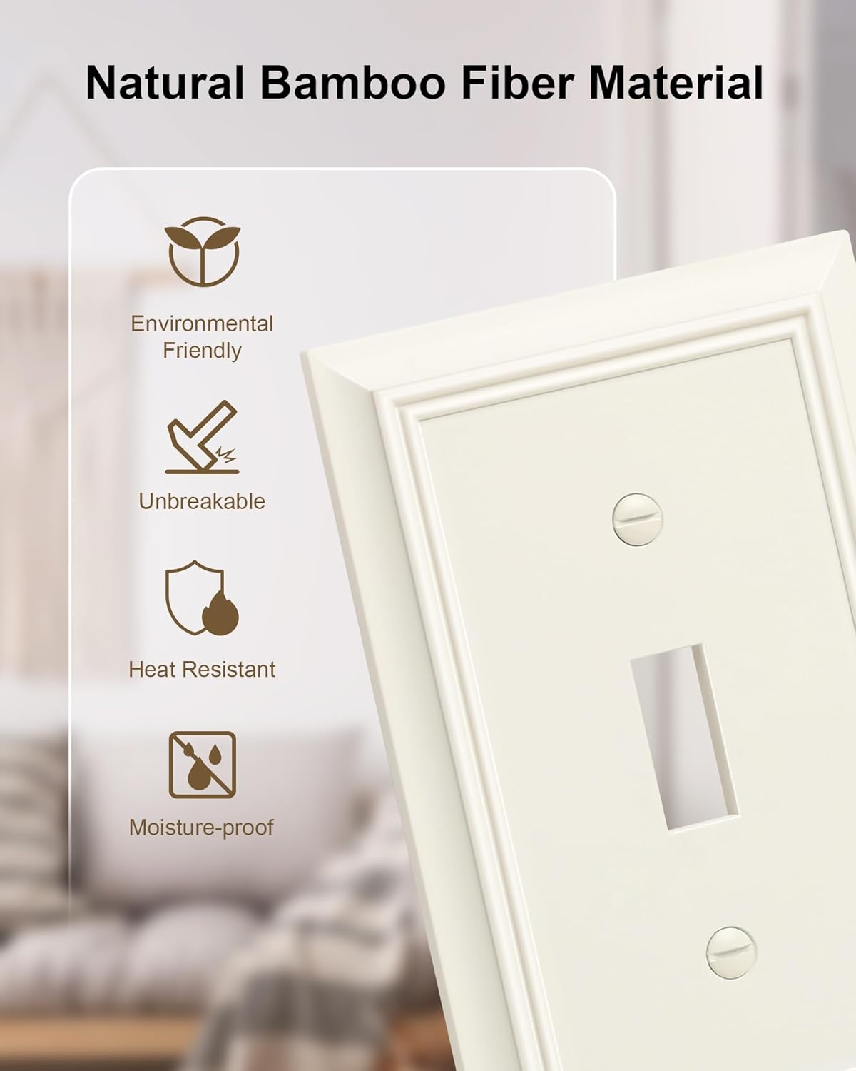 4-Pack Single Toggle Light Switch Cover Plate, Durable Natural Bamboo Fiber Decorative Switch Plate Covers, Light Almond 1 Gang Wall Plate, Corrosion Resistant
