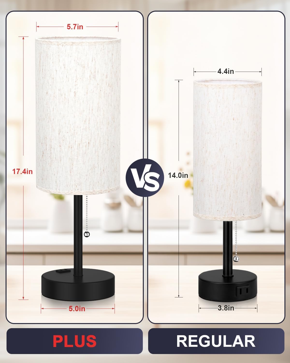 Plus Bedside Table Lamps Set of 2-3 Color Temperatures Pull Chain Lamp with AC Outlet Charging Port, Round Night Stand Lamps for Bedroom Guest Room Office, Bed Side Light with E26 LED Bulbs