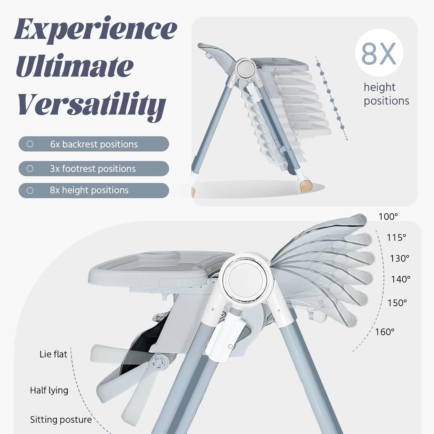 Multi Functional All in 1 Baby High Chair Swings for Infants Foldable Rocking 8 Level Height Adjustment Eco Friendly Washable PU Cushion Ultimate Baby Feeding Chair (Gray)