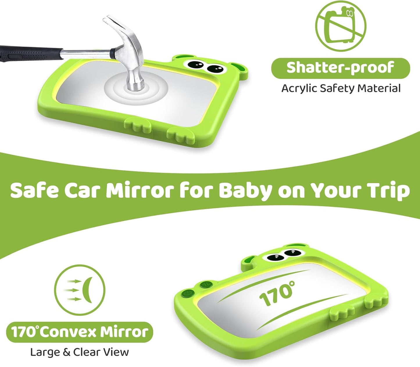 2-in-1 Baby Car Mirror with Lights & Soft Sounds, Cry Detector, Clear Night View, 360° Rotation, Shatterproof, Rear Facing Baby Car Seat Mirror with Remote Control, Perfect Baby Shower Gifts (Green)