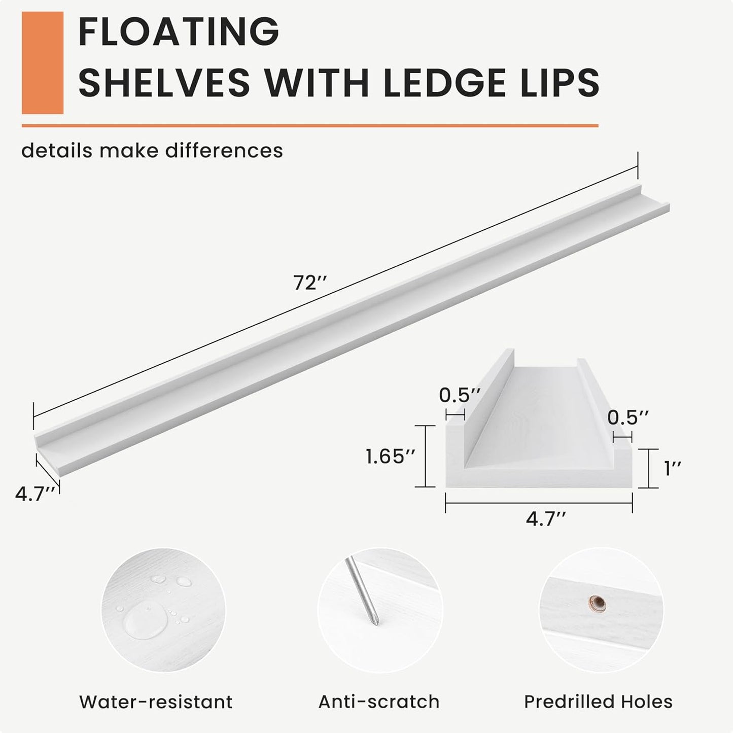 Picture Ledge Shelf, 72 inch Solid Ash Wood Floating Shelves Set of 2, Picture Ledge Ledge Wall Mounted for Living Room Kids' Room Bedroom, Color White