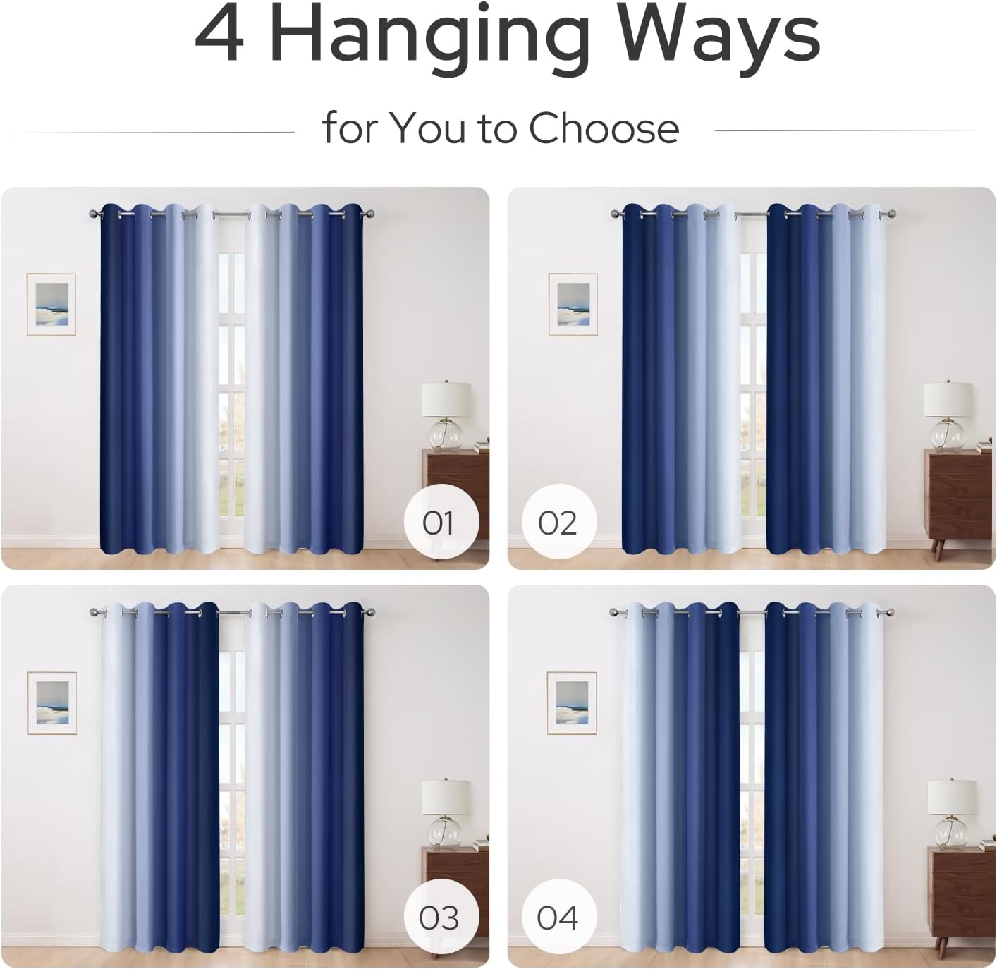 HOMEIDEAS Navy Blue Ombre Blackout Curtains, 52 X 63 Inch Length Gradient Color Room Darkening Curtains with Grommet Thermal Insulated Window Drapes for Living Room, Bedroom, 2 Panels