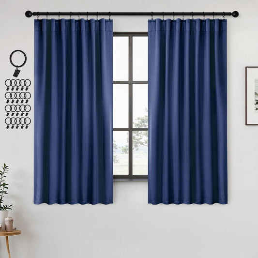 ANRODUO Back Tab Blackout Curtains for Bedroom Living Room, Rod Pocket Pinch Pleated Thermal Insulated Room Darkening Curtains 63 Inches Long 2 Panels, Navy Blue, 42 x 63 Inch