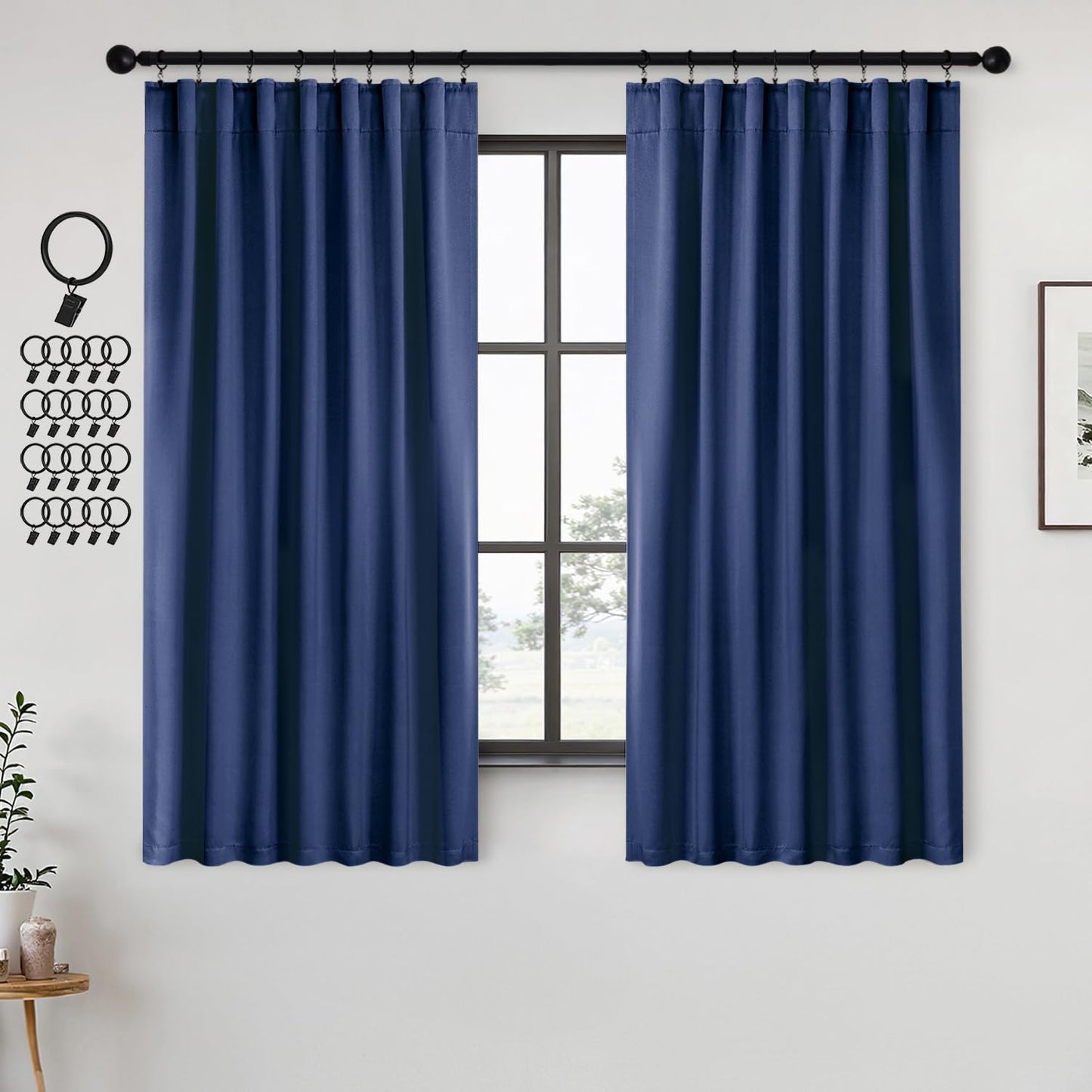 ANRODUO Back Tab Blackout Curtains for Bedroom Living Room, Rod Pocket Pinch Pleated Thermal Insulated Room Darkening Curtains 54 Inches Long 2 Panels, Navy Blue, 42 x 54 Inch