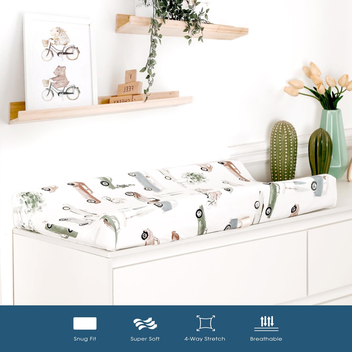 GRSSDER Stretch Ultra Soft Jersey Knit Changing Pad Cover Set 2 Pack, Change Table Pad Covers Fit 32"/34" x 16" Pads Safe and Snug, Pretty Diaper Changing Pad Covers of Cars Print