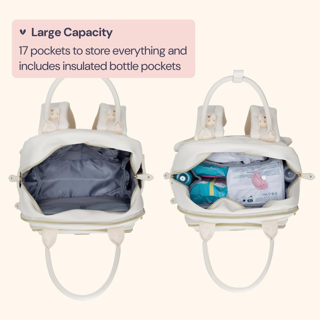 BabbleRoo Leather Diaper Bag Backpack - Baby Essentials Travel Baby Bag, Multi function, Waterproof, with Changing Pad, Stroller Straps & Pacifier Case – Unisex, Eggshell White
