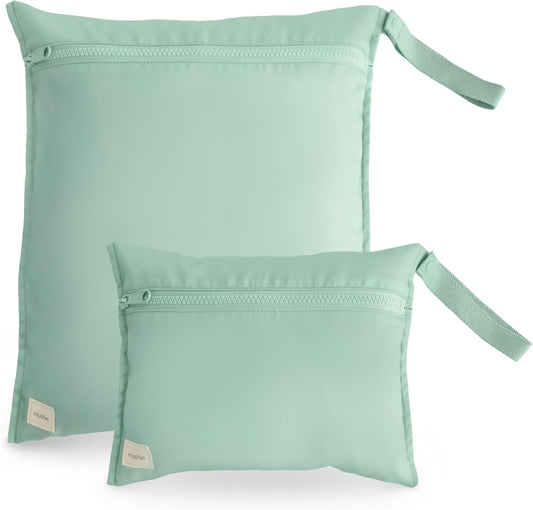 mushie Water Resistant Wet Bags | Large & Small Reusable Storage Bag for Baby Items and Travel | Zippered Pockets with Handle | Machine Washable, Set of 2 (Roman Green)