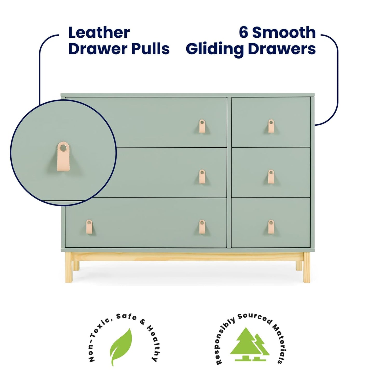 Delta Children babyGap Legacy 6 Drawer Dresser with Leather Pulls and Interlocking Drawers Greenguard Gold Certified, Sage Green w/Natural