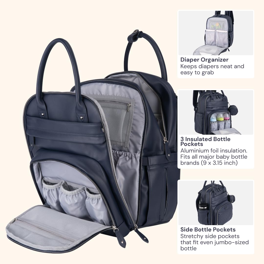 BabbleRoo Leather Diaper Bag Backpack - Baby Essentials Travel Baby Bag, Multi function, with Changing Pad, Stroller Straps & Pacifier Case – Unisex, Midnight Blue