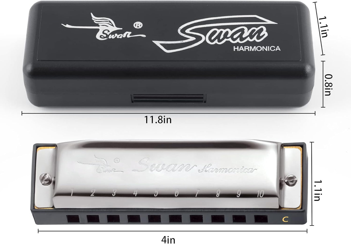 SWAN Blues Harmonica C Key for Kids Adults, 10 Hole Diatonic Harmonica Key of C, Metal Blues Harp for Beginners Students, Mouth Organ in Case, Silver