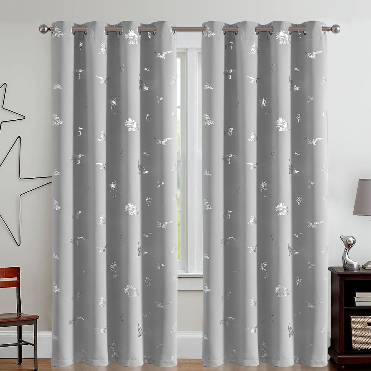 Vangao Kids Curtains Grey Blackout Dinosaur Curtains for Boys Kids Nursery Girls Room Silver Dino Foil Print Thermal Insulated Drapes Grommet Top Window Treatments 84 Inches Length 2 Panels