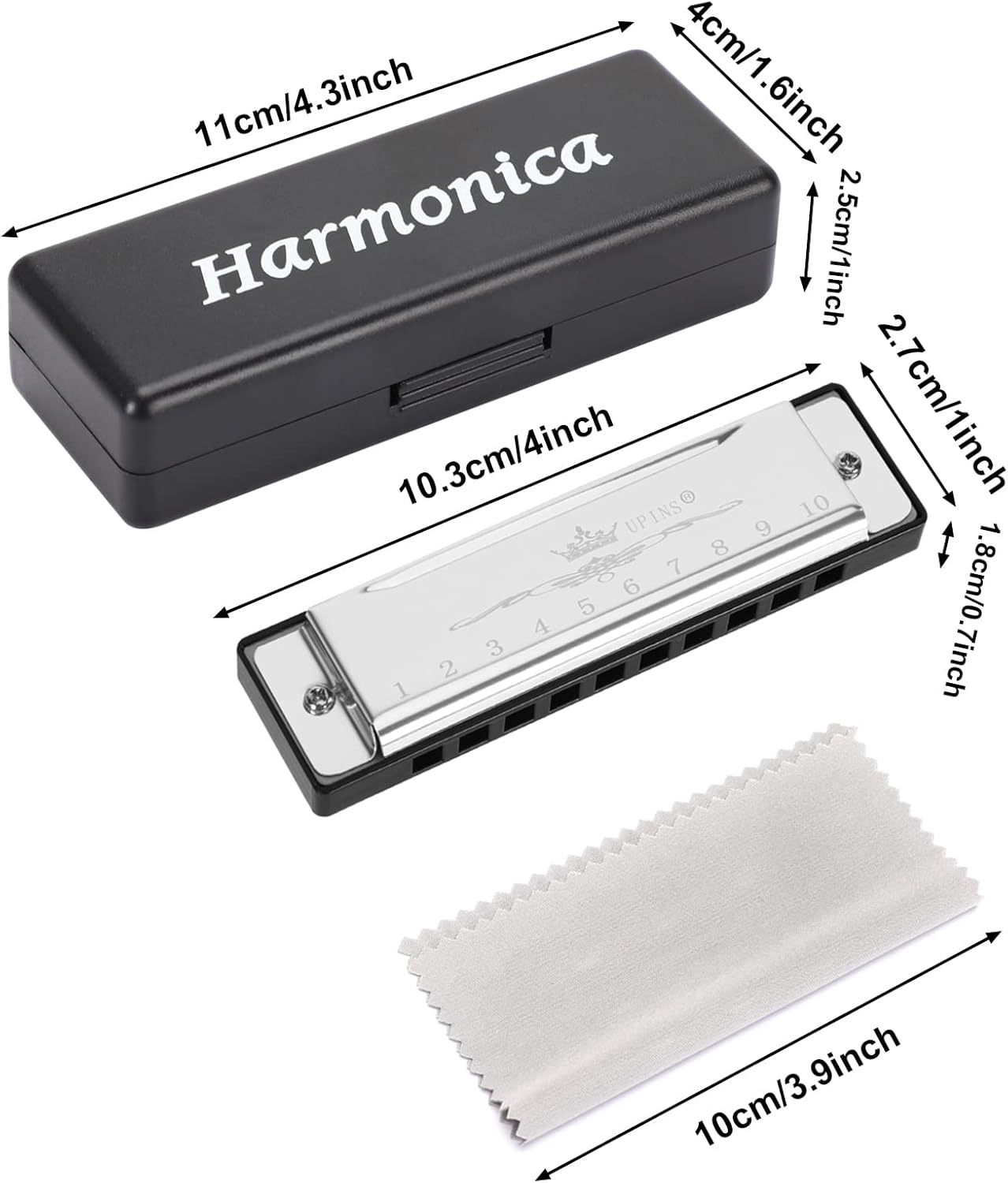 UPINS Harmonica, 4PCS Key of C Blues 10 Hole 20 Tones Titanium Color Harmonica with Case Cleaning Cloth for Beginner (Black, Silvery)