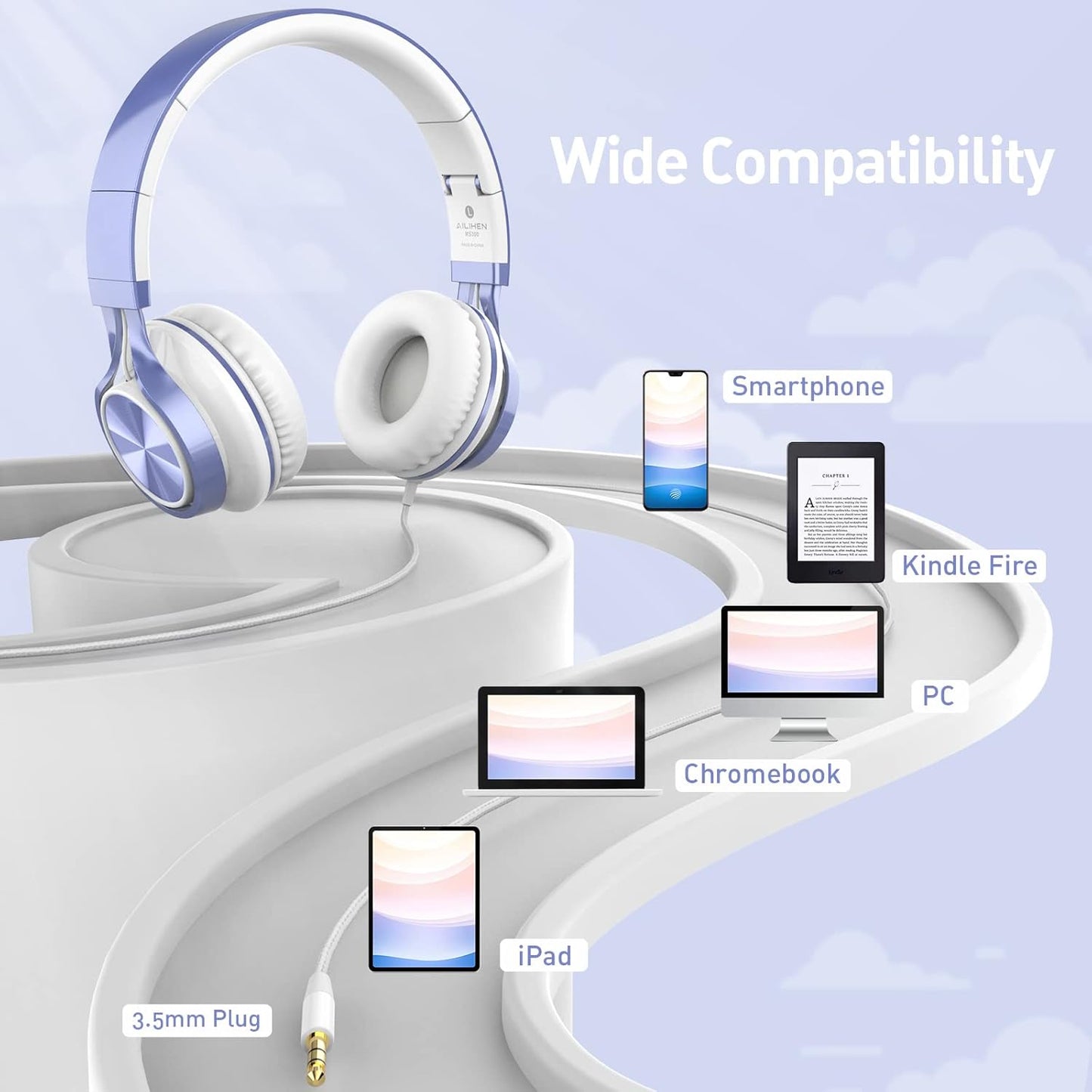 AILIHEN Kids Headphones for School Boys, Headphones with Microphone for Chromebook Laptop Computer Smartphone, 3.5mm Foldable Lightweight Headset for Teen Teenager (Violet)