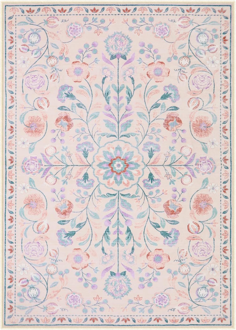 Anidaroel 5x7 Area Rugs for Living Room, Washable Pink Floral Rugs for Bedroom Girls, Soft Boho Nursery Rugs for Kids Playroom, Non Slip Low Pile Indoor Carpet for Bedside Dorm, Pink/Multi