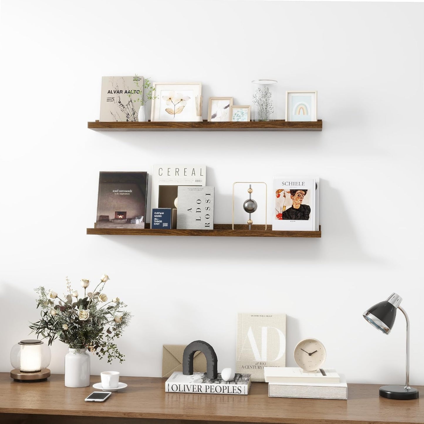 Picture Ledge Shelf, Wood Floating Shelves Set of 2, 36 inch Picture Ledge Shelves, Photo Ledge Nursery Book Shelves Wall Mounted for Living Room Kids' Room Bedroom, Color Walnut