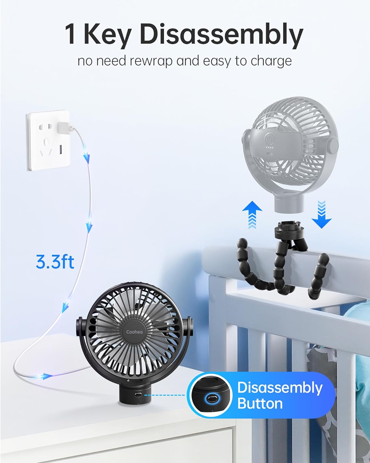 Stroller Fan Rechargeable Battery Powered Portable Fans, Head Detachable 360° Rotatable Clip on Fan, 3 Speed Quiet Small Mini Fans with Light Night for Carseat, Bed, Crib, Bike, Travel, Black