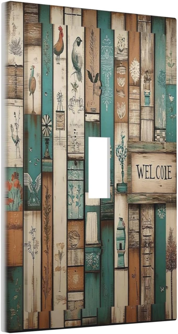 Decorative Light Switch Cover Vintage Wood Brown Turquoise Splicing 1 Gang Single Toggle Device Electrical Faceplate Switchplates Decorator Outlet Wall Plate For Farmhouse Cabin Decor