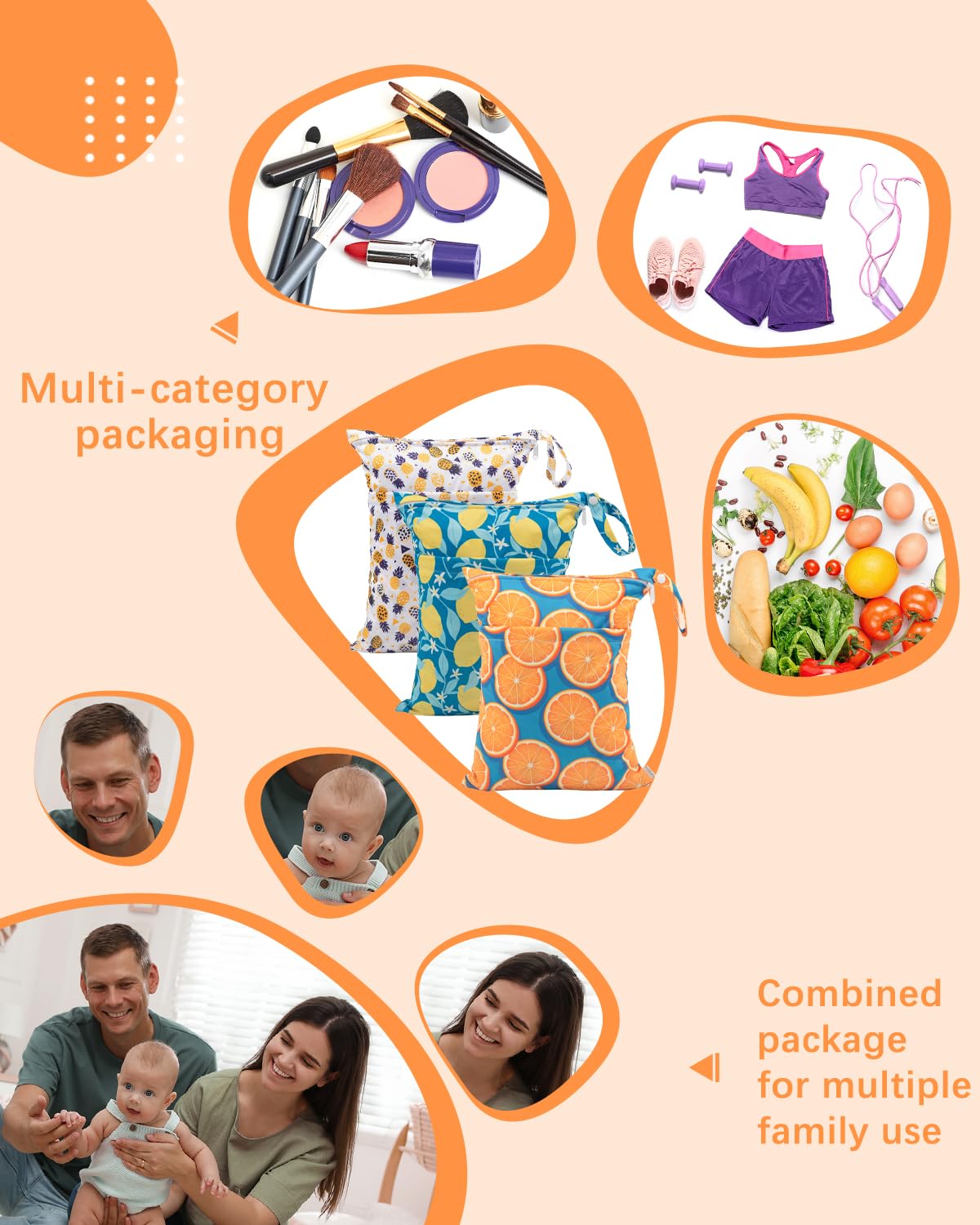 babygoal Wet Dry Bags for Baby Cloth Diapers, Washable Travel Bags, Beach, Pool, Gym Bag for Swimsuits & Wet Clothes with Two Zippered Pockets 3 Pack, 3LN22