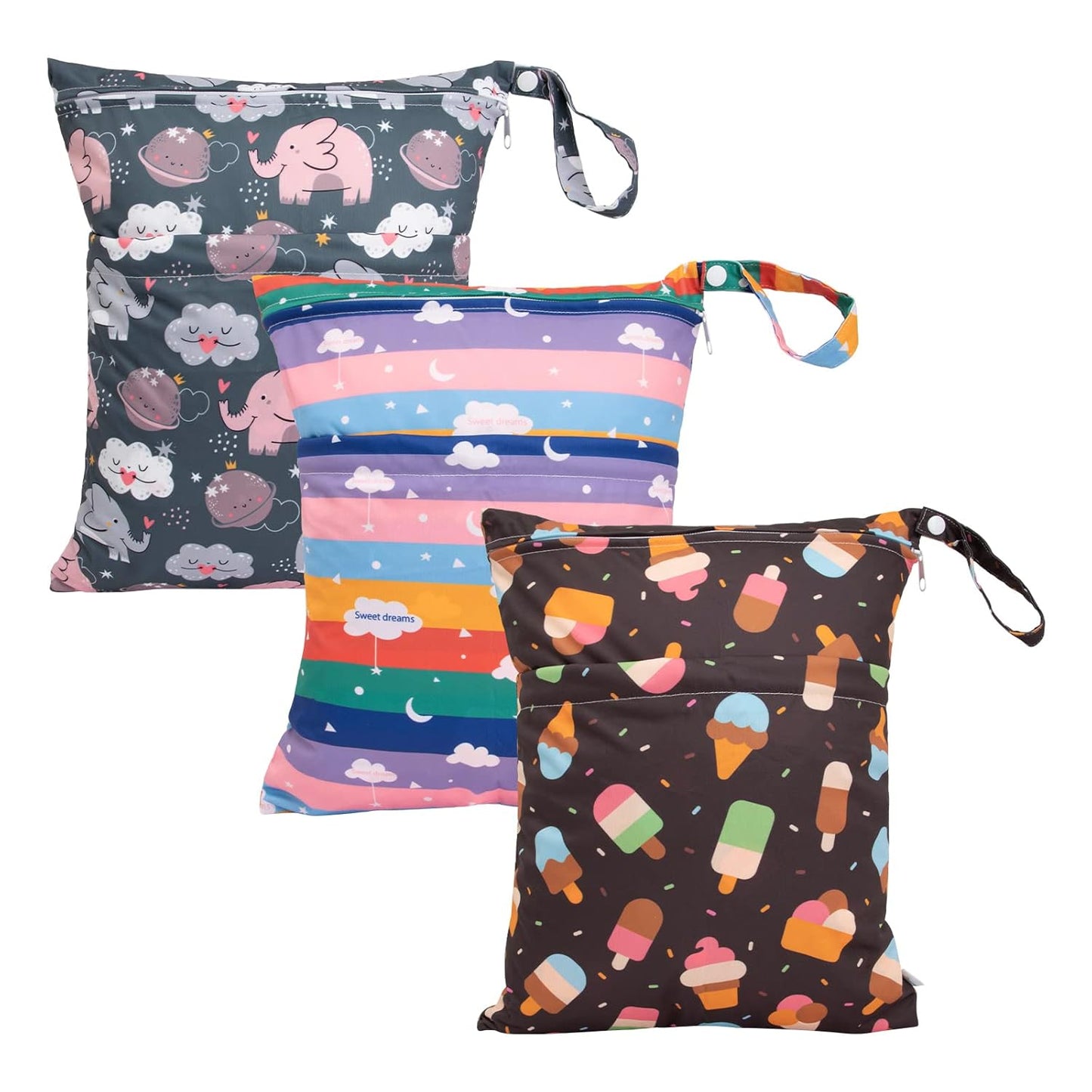babygoal Wet Dry Bags 3 Pack for Baby Cloth Diapers, Washable Travel Bags, Beach, Pool, Gym Bag for Swimsuits & Wet Clothes with Two Zippered Pockets 3LN27