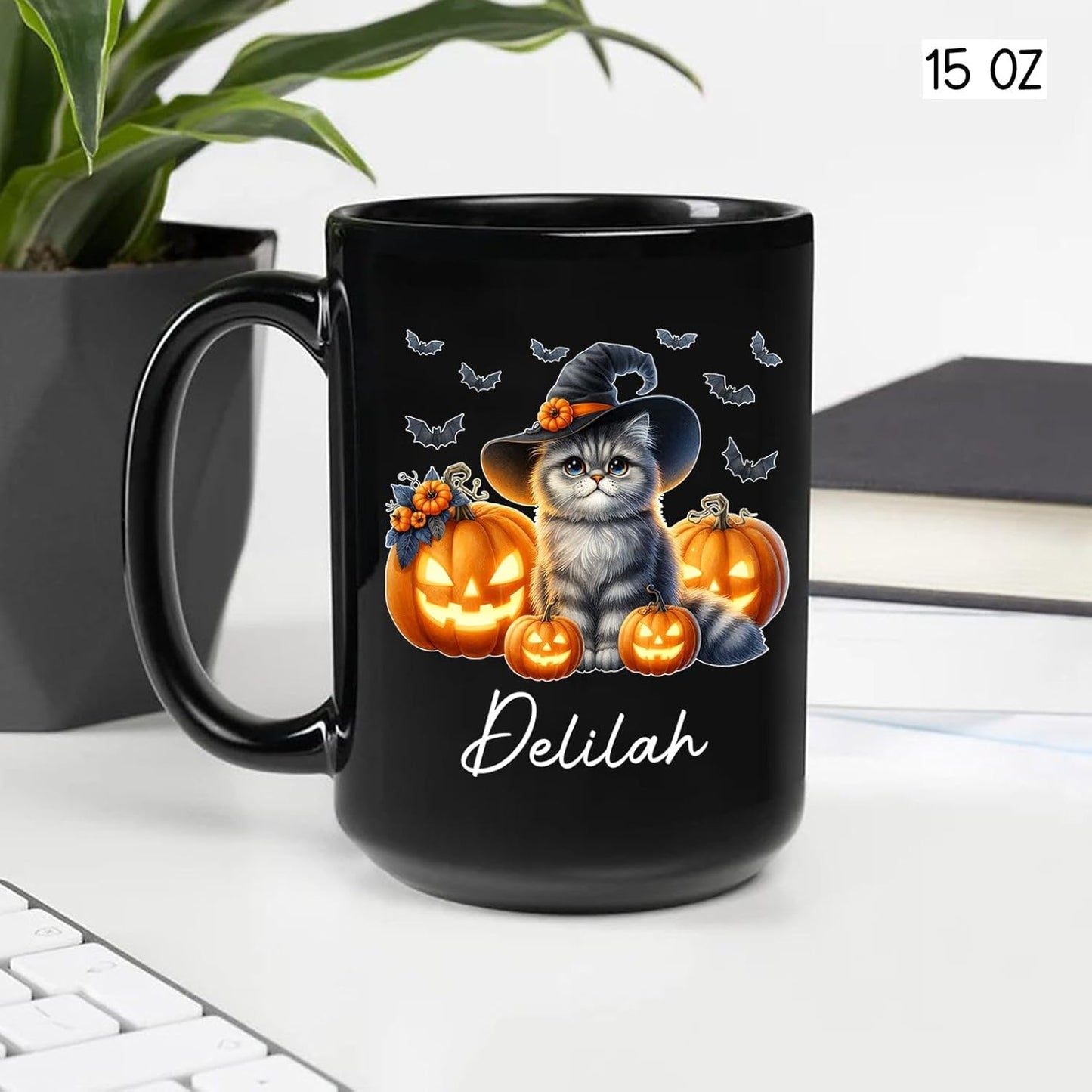 Customized Halloween British Longhair Mug with Name, Personalized British Longhair with Pumpkins Coffee Cup, Witch Cat Ceramic Mug, Pet Halloween Black Cup 11oz 15oz, Gift for Cat Dad Mom