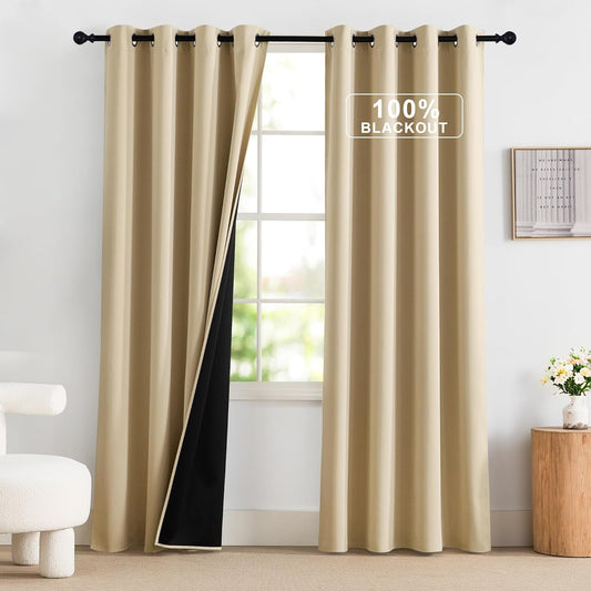 NICETOWN 100% Blackout Curtains 84 inch Long for Bedroom, Total Blackout Thermal Insulated Grommet Long Window Curtains 2 Panels Set, 2 Panels, Biscotti Beige, 52 inch Wide