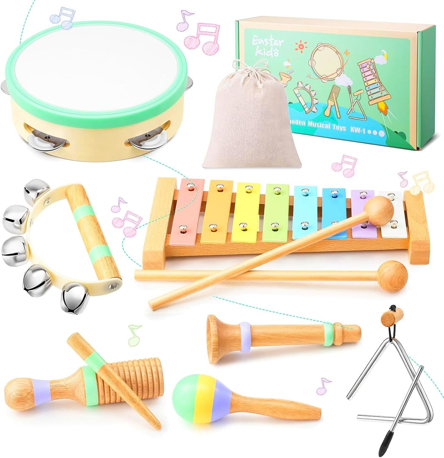 Montessori Musical Instruments for Toddlers, Wooden Musical Toys for Kids 3+, Eastar Kido Percussion Instruments Set for Boys Girls, Preschool Educational Toys with Storage Bag Christmas Birthday KW-1
