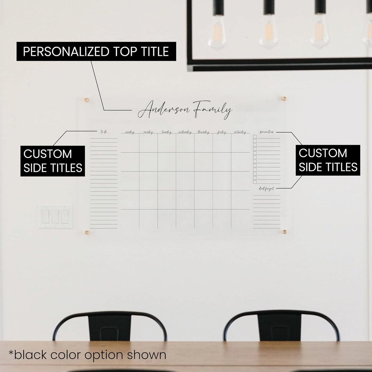 Personalized Clear Acrylic Calendar for Wall, Calendar Whiteboard for Wall, Dry Erase Wall Calendar, Wall Calendar Organizer System for Home (Cursive, Navy, 47.5"W x 36"H)