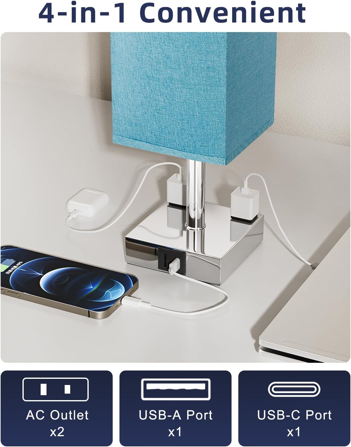 Touch Bedside Table Lamp for Nightstand - 3-Way Dimmable Night Lamp with USB A + Type C Charging Ports and Two AC Outlets, Small Desk Light with E26 Bulb for Bedroom Living Room Dorm, Turquoise