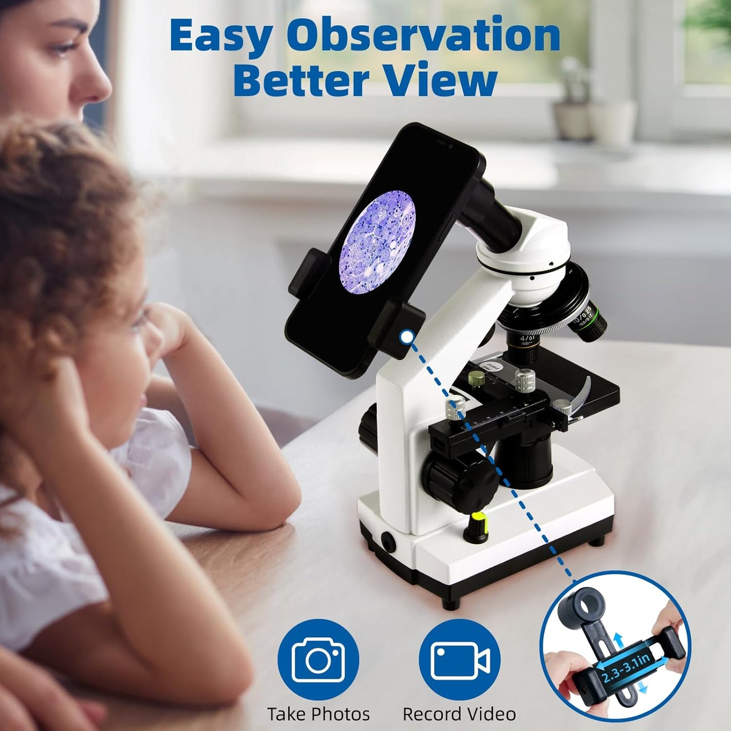 Microscope for Adults Kids,40X-2000X Monocular Microscope Kit for Home School Lab, 2 LED Lights & 5 Colors Kids Microscope with Phone Holder,10 Specimen Slides,20 Slides,100 Coverslips, Bag