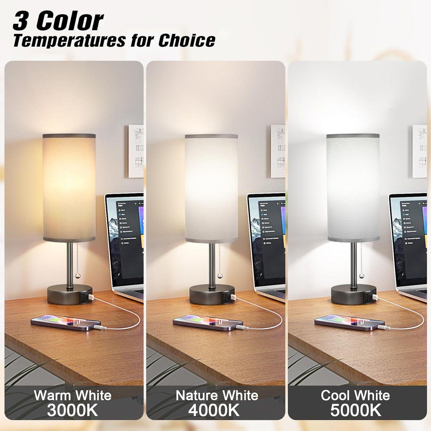 Grey Bedside Lamp for Bedroom Nightstand - Small Table Lamp with USB A + C Charging Port, 3 Color Temperatures Pull Chain Night Stand Light, Side Table Desk Reading Lamp for Living Room/Study Room