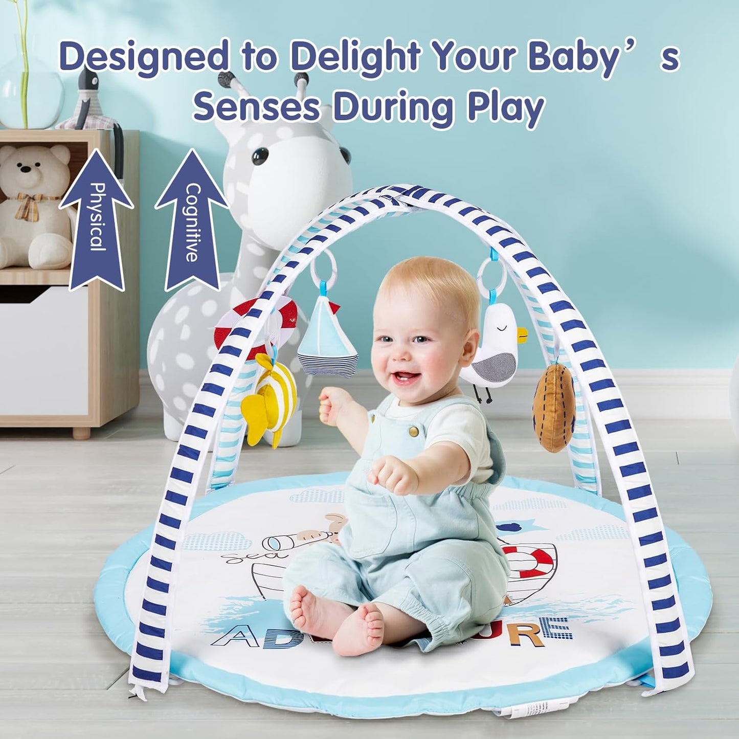 Activity Gym, Baby Play Gym Mat for Toddlers, 0-18 Months Tummy Time Play Mats, Infant Play Gym with Detachable Toys for Sensory Exploration and Motor Skill Development, PM2406