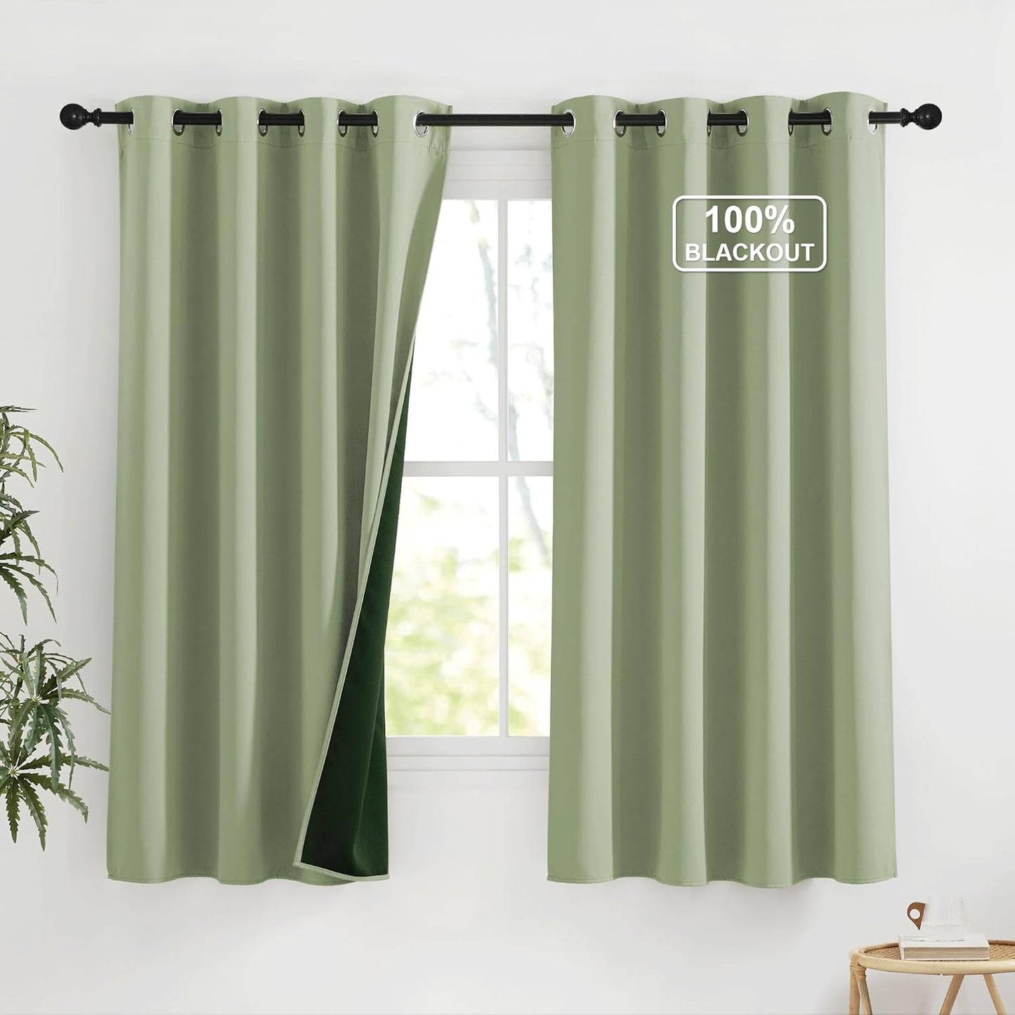NICETOWN 100% Blackout Curtains for Living Room, Thermal Insulated Plylux Full Blackout Window Covering 63 inch 2 Panels, Grommet Curtains for Bedroom, 52" Wide per Panel, Olive Green