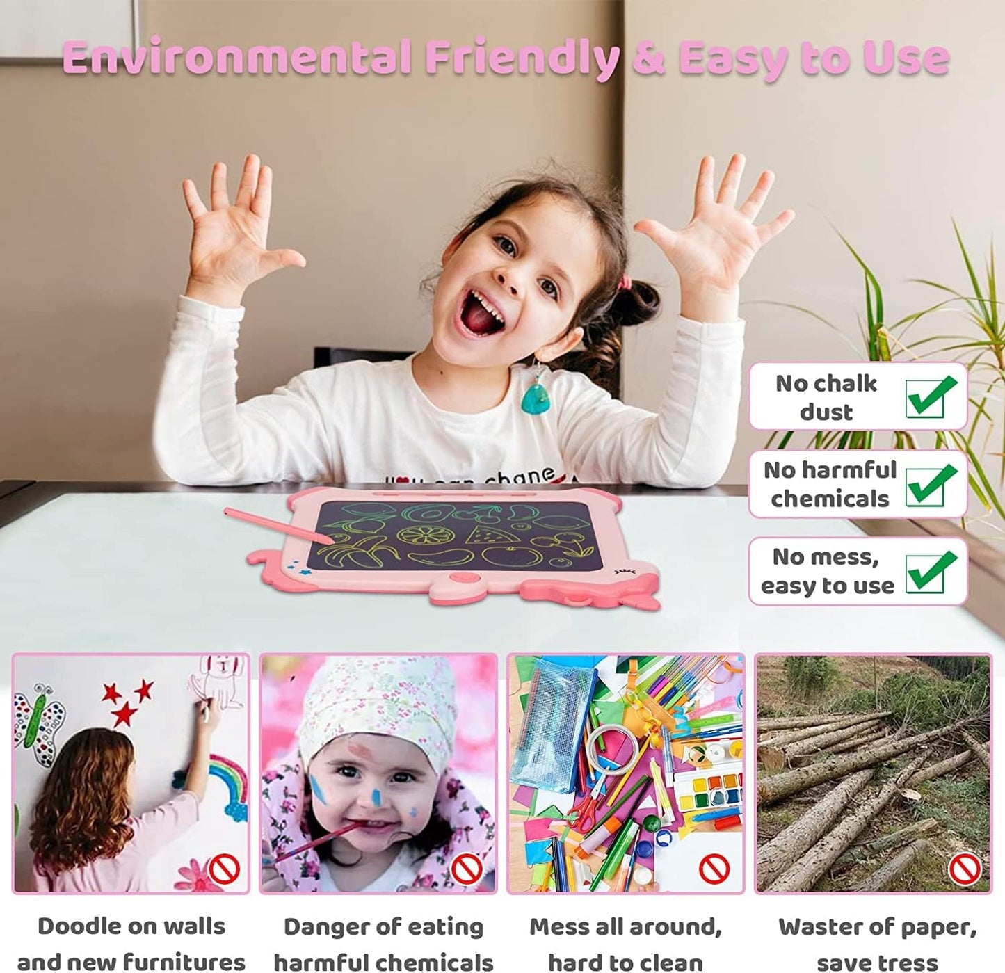 Kikapabi LCD Writing Tablet for Kids, Unicorn Colorful Screen Doodle Board, Electronic Drawing Pad, Educational Toy, Toddlers Travel Toy, Christmas Birthday Gift for 3 4 5 6 7 Year Old Girls Pink